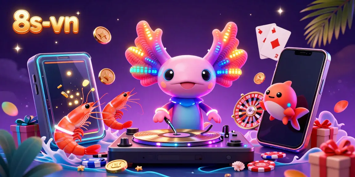 Experience the vibrant energy of 8s-vn with a neon axolotl DJ spinning a colorful slot game!
